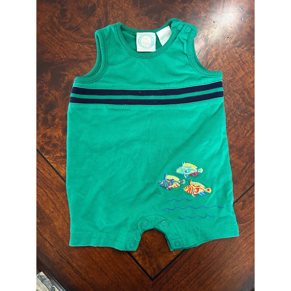 Vintage CC Baby Green Embroidered Fish Cotton Knit Romper 3/6M Sleeveless Snaps